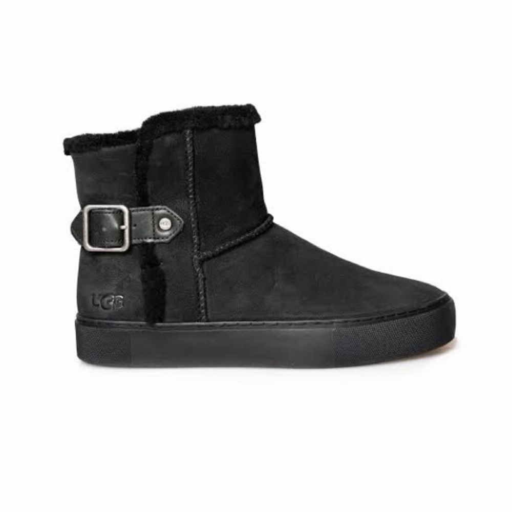 UGG Black Suede Short Shearling-Lined Ankle Boot with Buckle